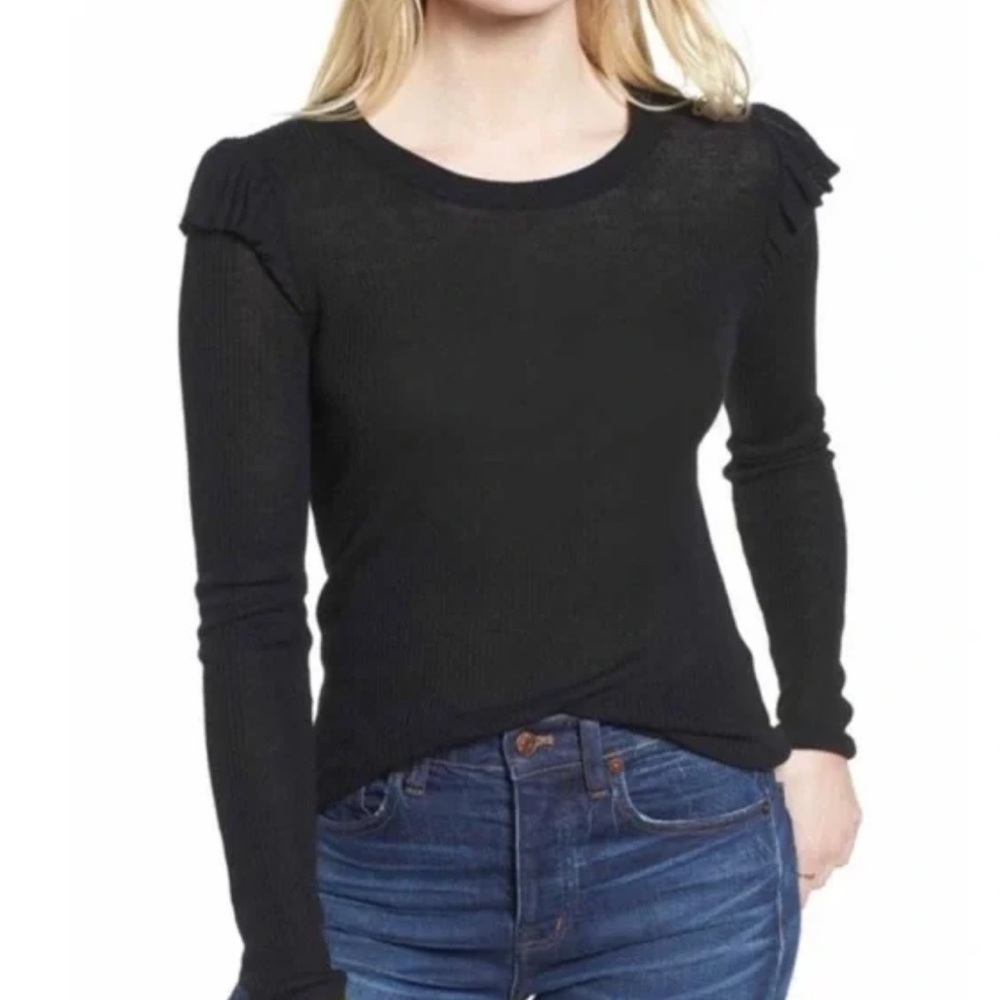 Madewell Black Ribbed Ruffle Shoulder Sweater Size Small